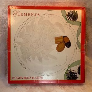 13 Inch Satin Bells Platter 1995 Elements Holiday Christmas Holly Pine Cones